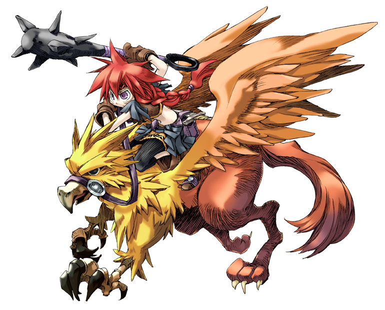 kiyuzuki satoko, griffin rider, yggdra union, official art, 1girl, club, club (weapon), female focus, griffin, griffon, griffon rider, kanabou, midriff, purple eyes, red hair, solo, weapon