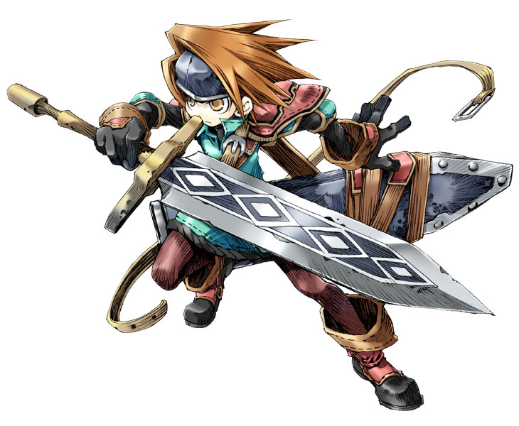 kiyuzuki satoko, yggdra union, official art, brown eyes, brown hair, fencer, male focus, solo, sword, weapon