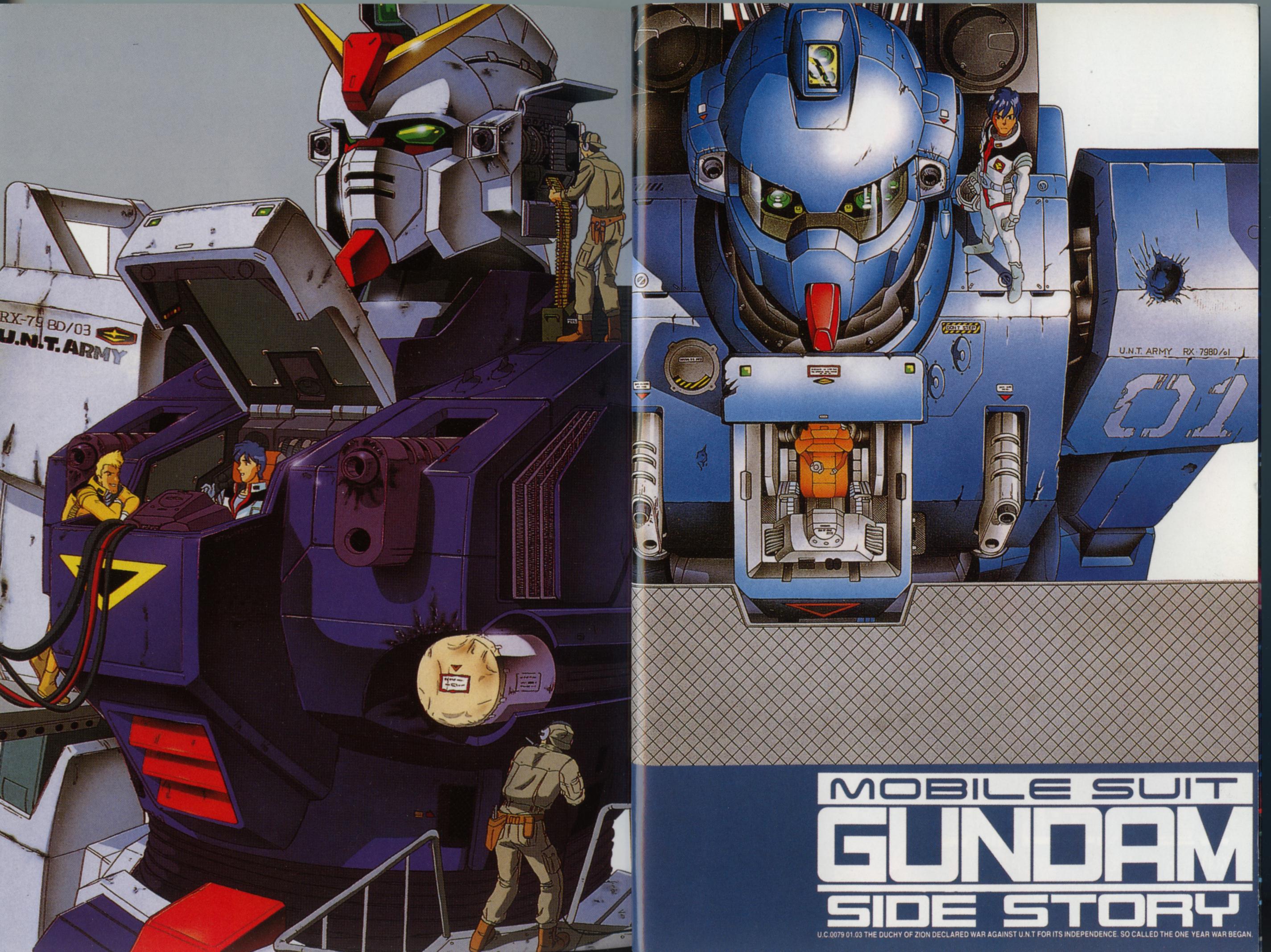 blue destiny 01, blue destiny 03, philip hughes, yu kajima, gundam, gundam side story: the blue destiny, pilot suit, highres, official art, scan, 4boys, ammunition belt, battle damage, blue hair, bullet, cable, damaged, helmet, male focus, mecha, multiple boys, robot, short hair