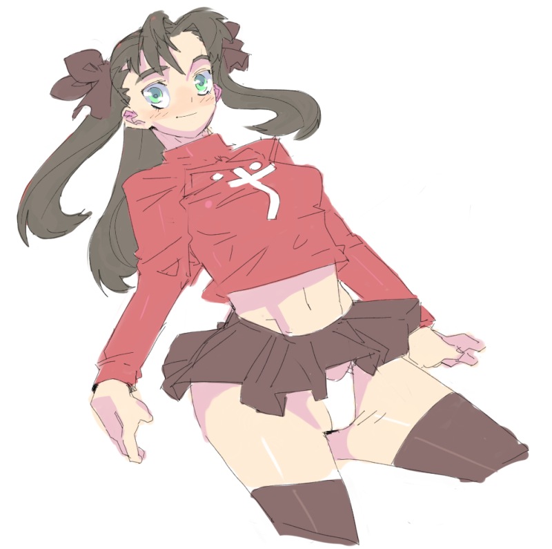 meisamu, tohsaka rin, fate/stay night, fate (series), bad id, bad pixiv id, 00s, 1girl, black thighhighs, female focus, midriff, navel, panties, pantyshot, skirt, solo, thighhighs, two side up, underwear, white panties, wind, wind lift