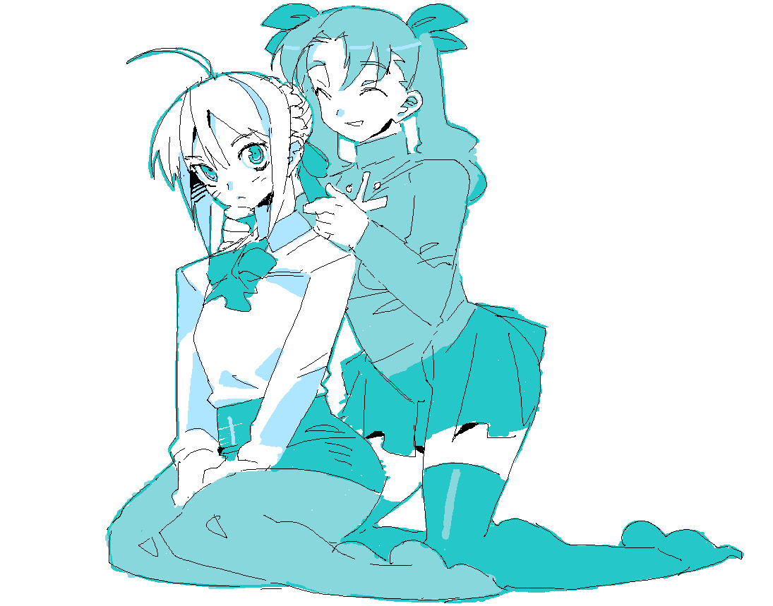 meisamu, artoria pendragon (fate), saber (fate), tohsaka rin, fate/stay night, fate (series), bad id, bad pixiv id, 00s, 2girls, aqua theme, blue theme, monochrome, multiple girls, pantyhose, skirt, thighhighs