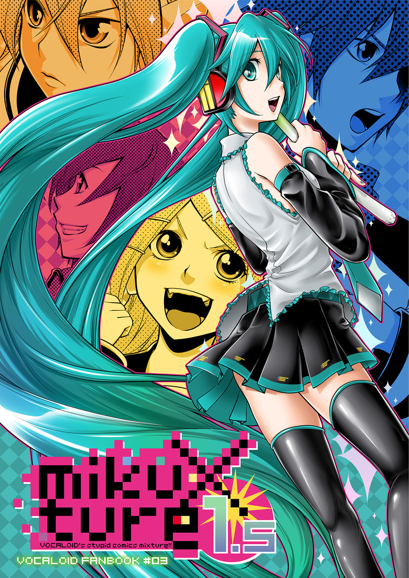 kitano tomotoshi, hatsune miku, kagamine len, kagamine rin, kaito (vocaloid), meiko (vocaloid), vocaloid, 2boys, 3girls, aqua eyes, aqua hair, brother and sister, detached sleeves, long hair, multiple boys, multiple girls, necktie, siblings, skirt, spring onion, thighhighs, twins, twintails, very long hair
