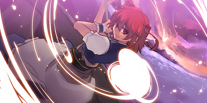 inuinui, onozuka komachi, touhou, 1girl, female focus, glowing, hair bobbles, hair ornament, looking back, red eyes, red hair, short hair, smile, solo, twintails, two side up, water