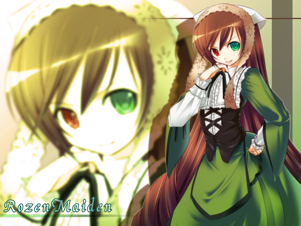 kakaon, suiseiseki, rozen maiden, bad id, bad pixiv id, 00s, brown hair, dress, headscarf, heterochromia, long hair, solo, very long hair, white headscarf, zoom layer