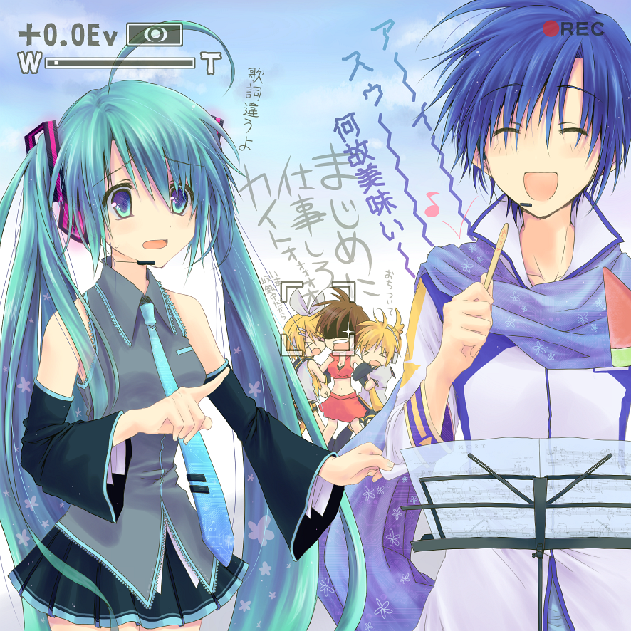 akitsuki ria, hatsune miku, kagamine len, kagamine rin, kaito (vocaloid), meiko (vocaloid), vocaloid, bad id, bad pixiv id, translation request, + +, 2boys, 3girls, angry, aqua eyes, aqua hair, blonde hair, blue hair, brother and sister, brown hair, closed eyes, detached sleeves, food, fruit, headset, long hair, multiple boys, multiple girls, necktie, pointing, popsicle, siblings, skirt, thighhighs, twins, twintails, very long hair, watermelon, watermelon bar, worried