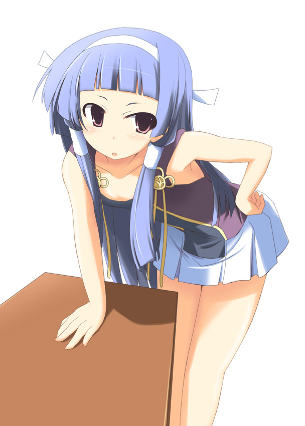 kugui kiyunemu, nagi, kannagi, 00s, blue hair, blunt bangs, leaning forward, long hair, purple eyes, solo