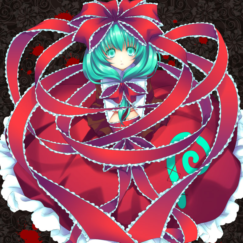 ayase hazuki, kagiyama hina, touhou, 1girl, aqua eyes, aqua hair, blood, bound, bound wrists, bow, female focus, frills, from above, front ponytail, hair bow, hair ribbon, long hair, looking at viewer, looking up, ribbon, sad, solo