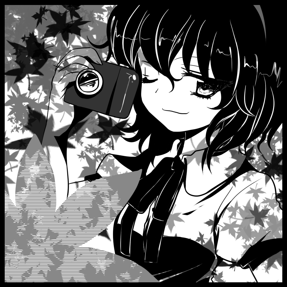 niji (nijioki), shameimaru aya, touhou, 1girl, camera, female focus, greyscale, monochrome, plant, solo, upper body