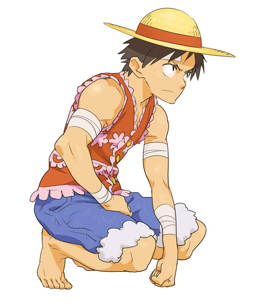 hamanasu, monkey d. luffy, one piece, bad id, bad pixiv id, 1boy, amazon lily, bandages, barefoot, frills, full body, hat, male focus, muscular, shorts, simple background, solo, squatting, straw hat, vest, white background