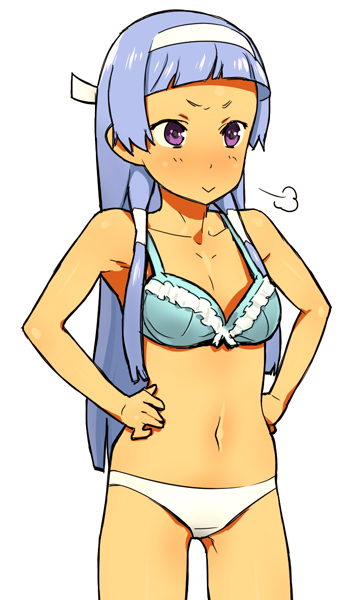 hamanasu, nagi, kannagi, bad id, bad pixiv id, 00s, 1girl, :>, blue hair, blunt bangs, bra, female focus, hair tubes, hands on own hips, lingerie, navel, panties, sigh, simple background, solo, underwear, underwear only, white panties