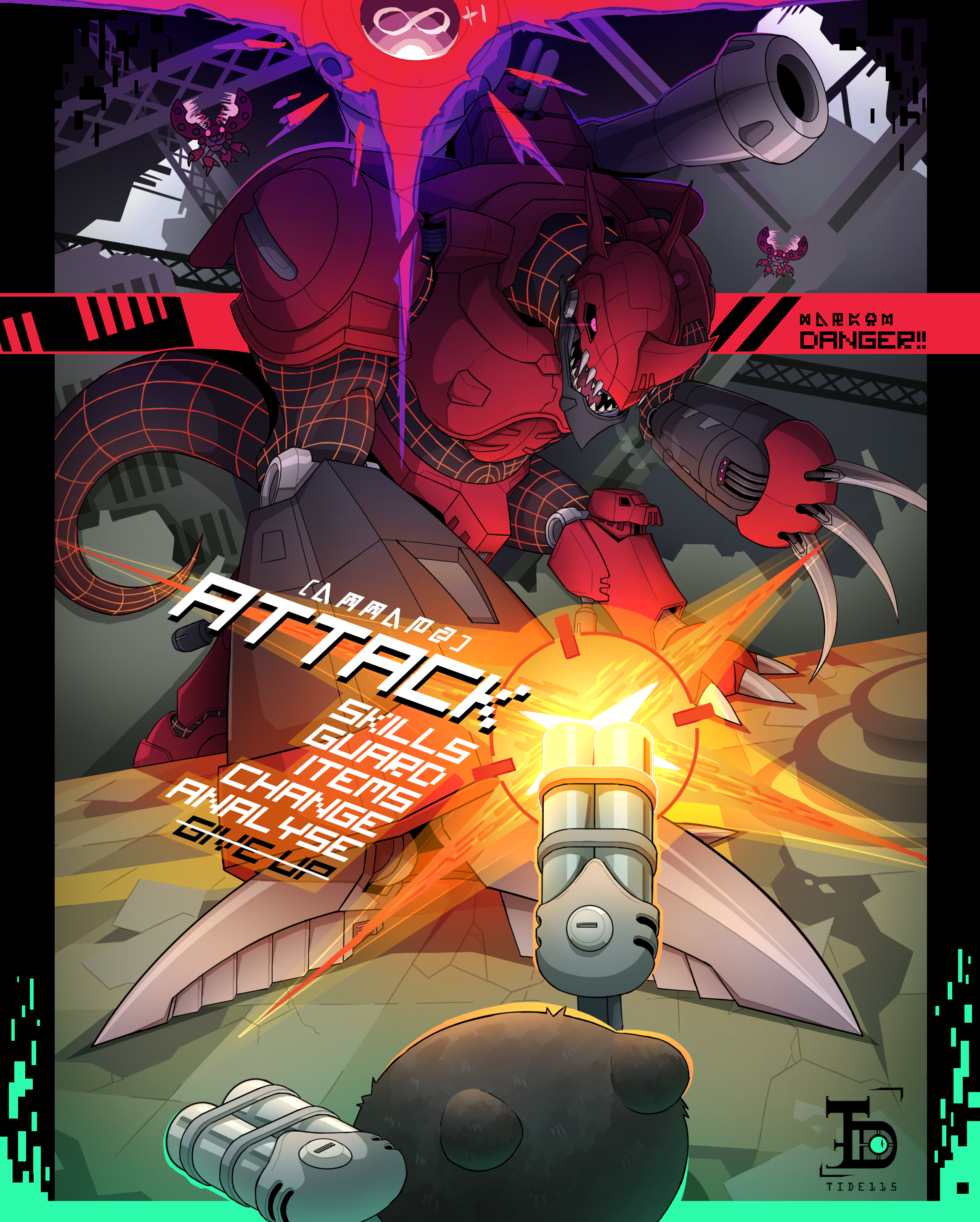 botamon, chaosdramon, tentomon, digimon, digimon story: time stranger, absurdres, highres, 4others, armor, artist logo, artist name, attack, battle, berenjena (digimon), black border, black fur, border, bug, cannon, claws, cyborg, digicore, digimoji, digimon (creature), dragon, dragon tail, dual wielding, fangs, firing, flying, gameplay mechanics, glowing, glowing eyes, green border, gun, helmet, holding, infinity symbol, insect wings, joints, logo, mecha, mechanical arms, mouth hold, multiple others, purple eyes, red armor, robot, robot joints, ruins, scaffolding, shotgun, steel beam, tail, teeth hold, tidehunter115, two-tone border, weapon, wings, wireframe