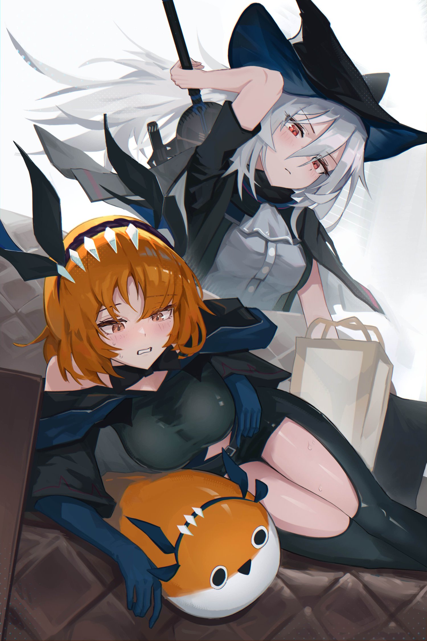 jambaeng, ishmael (project moon), skadi (arknights), arknights, limbus company, project moon, highres, 2girls, ascot, black capelet, black gloves, black hat, black pants, blush, breasts, capelet, clothing cutout, couch, e.g.o (project moon), gloves, grey ascot, grey hair, grey shirt, hat, long hair, multiple girls, on couch, orange eyes, orange hair, pants, red eyes, shirt, stuffed toy, sweatdrop, thigh cutout, tidal elegy (e.g.o)