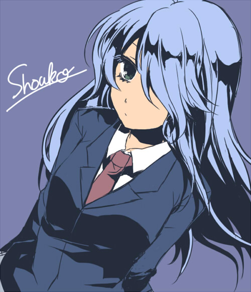 futaba 841, aoi shouko, bemani, pop'n music, bad id, bad pixiv id, 1girl, blazer, blue background, blue hair, blue theme, character name, female focus, green eyes, hair over one eye, jacket, necktie, simple background, solo