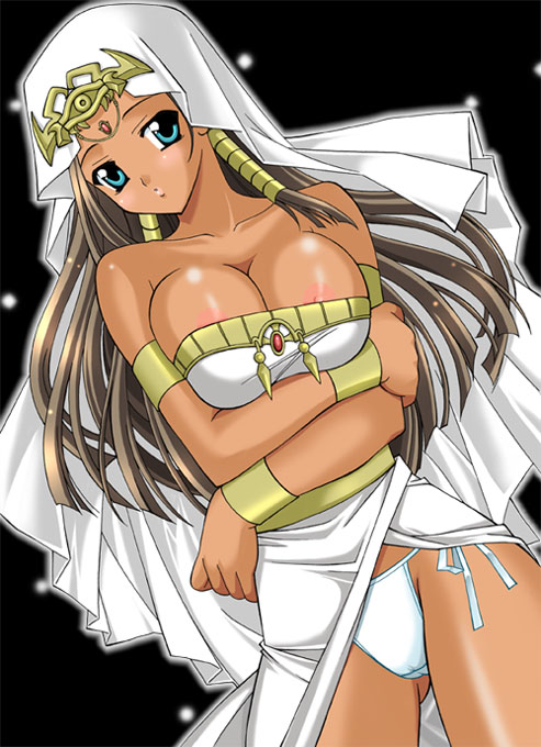 ishizu ishtar, yu-gi-oh!, yu-gi-oh! duel monsters, breast hold, 1girl, ancient egyptian, areola slip, blue panties, breasts, cameltoe, cleavage, dark-skinned female, dark skin, female focus, large breasts, nipple slip, nipples, panties, side-tie panties, solo, strapless, underwear, white panties