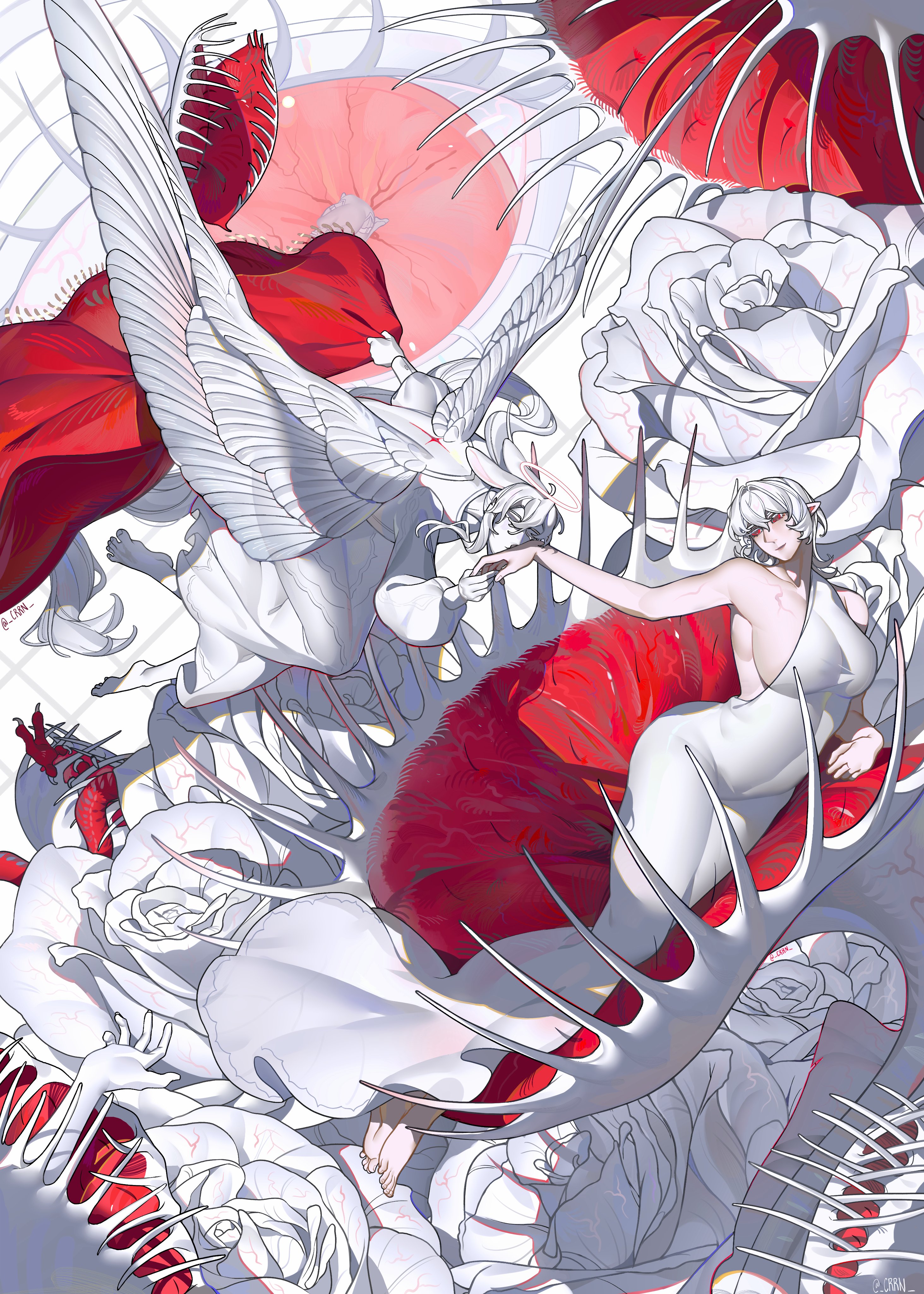 crrn, original, absurdres, highres, 1boy, 1girl, absurdly long hair, angel, angel wings, animal ears, arm support, artist name, back tattoo, backless outfit, bare arms, bare shoulders, barefoot, breasts, bustier, closed eyes, collarbone, colored eyelashes, colored skin, colored veins, covered navel, curvy, disembodied eye, disembodied hand, double-parted bangs, dress, feathered wings, feathers, flats, floating hair, flower, flying, full body, garter straps, hair between eyes, halo, head tilt, holding hands, holding shawl, kiss, kissing hand, knee up, large breasts, long dress, long hair, long sidelocks, long sleeves, long tail, looking at another, low-tied long hair, lying, mature female, mature male, medium hair, nail polish, nose, nurse (crrn), on side, pale skin, parted lips, pink lips, plant, pointy ears, puffy long sleeves, puffy sleeves, rabbit boy, rabbit ears, raised eyebrows, red eyes, red shawl, red skin, red tail, red tattoo, rei (crrn), robe, rose, shawl, sideboob, sidelocks, simple background, sitting, sleeveless, sleeveless dress, snake tail, tail, tattoo, thighhighs, toe claws, toenail polish, toenails, twitter username, venus flytrap, very long hair, wariza, white background, white dress, white feathers, white flower, white hair, white halo, white nails, white robe, white rose, white skin, white theme, white trim, white wings, white wrist cuffs, wings, wrist cuffs