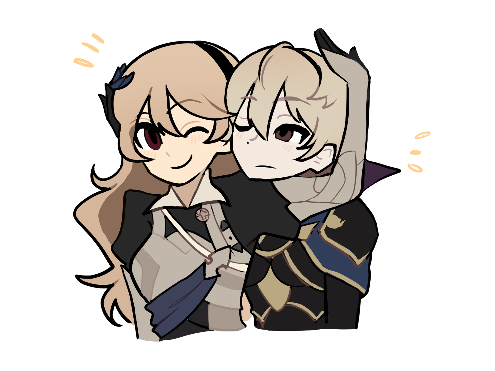 female corrin (fire emblem), leo (fire emblem fates), fire emblem, fire emblem fates, nintendo, highres, 1boy, 1girl, black hairband, couple, gnch344, hairband, hetero, hug, looking at another, one eye closed, popped collar