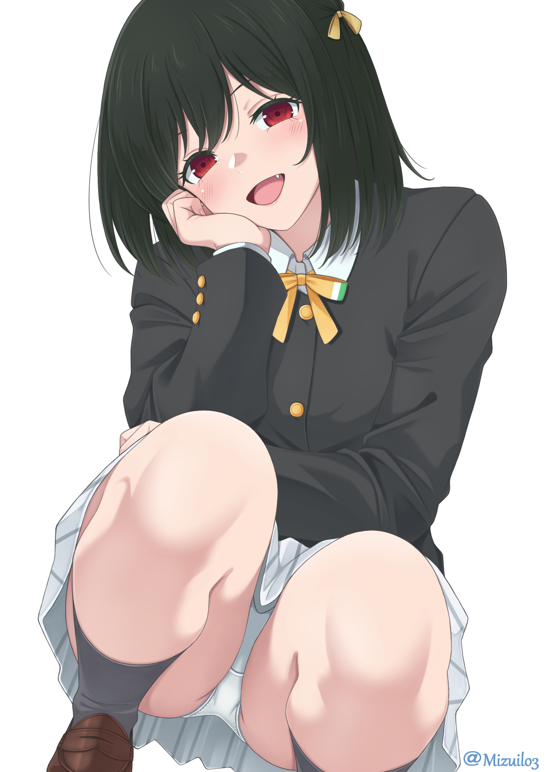 rei (09991), mifune shioriko, love live!, love live! nijigasaki high school idol club, commentary request, highres, 1girl, black hair, black jacket, brown shoes, buttons, crotch seam, fang, foot out of frame, grey skirt, grey socks, jacket, loafers, long sleeves, looking at viewer, medium hair, neck ribbon, open mouth, panties, parted bangs, picot trim panties, red eyes, ribbon, school uniform, shoes, simple background, skirt, smile, socks, solo, squatting, underwear, white background, white panties, wing collar, yellow ribbon