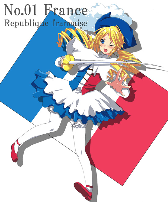 futaba 841, bemani, pop'n music, bad id, bad pixiv id, 1girl, blonde hair, bloomers, blue eyes, dress, drill hair, female focus, flag, flag print, france, french flag, hat, mary janes, one eye closed, pantyhose, print dress, rapier, shoes, skirt, solo, sword, twintails, underwear, weapon, white pantyhose, wink