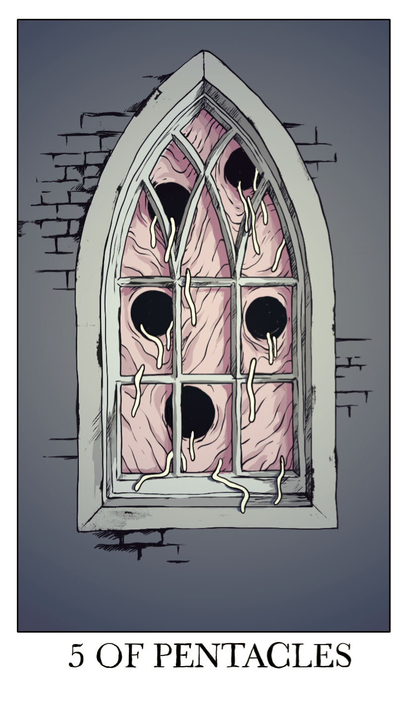jessica hayworth, highres, animal, architecture, black circle, body horror, border, brick, bug, building, card (medium), colored skin, english text, european architecture, gothic architecture, horror (theme), medieval, minor arcana (tarot), no humans, parasite, pink skin, stone wall, surreal, tarot, tarot (medium), trypophobia, welcome to night vale, white border, window, worm