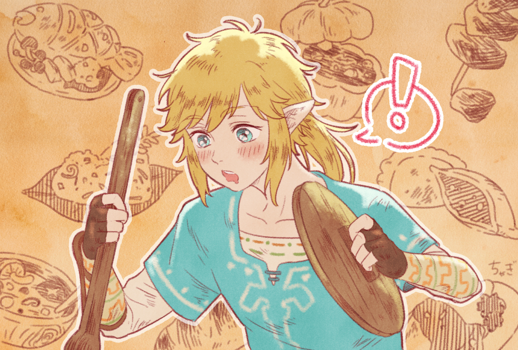 legend of nappo, link, nintendo, the legend of zelda, the legend of zelda: breath of the wild, check commentary, commentary request, !, 1boy, blonde hair, blue eyes, blue tunic, blush, bracer, brown background, collarbone, drooling, fingerless gloves, food, food-themed background, gloves, holding lid, long sleeves, male focus, medium hair, mouth drool, pointy ears, ponytail, shirt, solo, spoken exclamation mark, tunic, undershirt, upper body, white shirt, wooden ladle, wooden lid