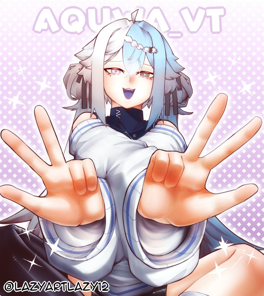 lazyartlazy12, aquwa, indie virtual youtuber, 1girl, bare shoulders, black eyes, blue hair, crossed arms, heterochromia, looking at viewer, multicolored hair, open mouth, purple eyes, sharp teeth, solo, teeth, twitter username, white hair