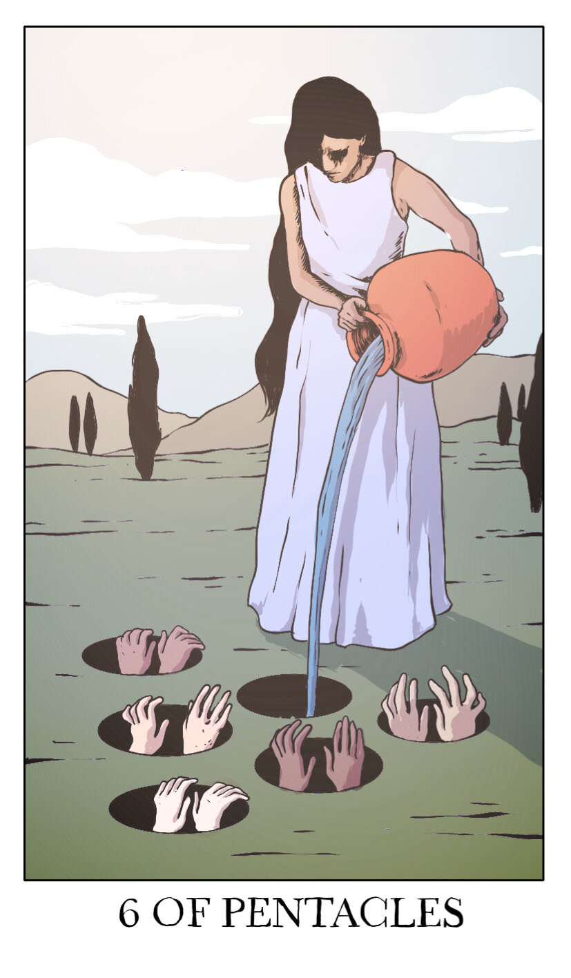 jessica hayworth, highres, 1girl, black eyes, blue sky, border, card (medium), cloud, dark skin, day, dress, english text, gradient background, gradient sky, grass, hill, holding, holding jar, horror (theme), jar, minor arcana (tarot), mountainous horizon, outdoors, pale skin, pine tree, pouring, sky, sleeveless, sleeveless dress, stuck, sunlight, surreal, tarot, tarot (medium), tree, trypophobia, underground, water, welcome to night vale, white border, white dress, white sky