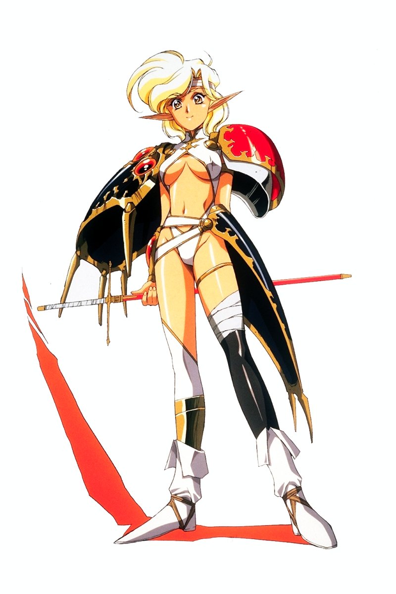 urushihara satoshi, sonia (langrisser), langrisser, langrisser ii, highres, 1990s (style), 1girl, armor, breasts, female focus, pointy ears, retro artstyle, revealing clothes, smile, solo, sword, thighhighs, weapon