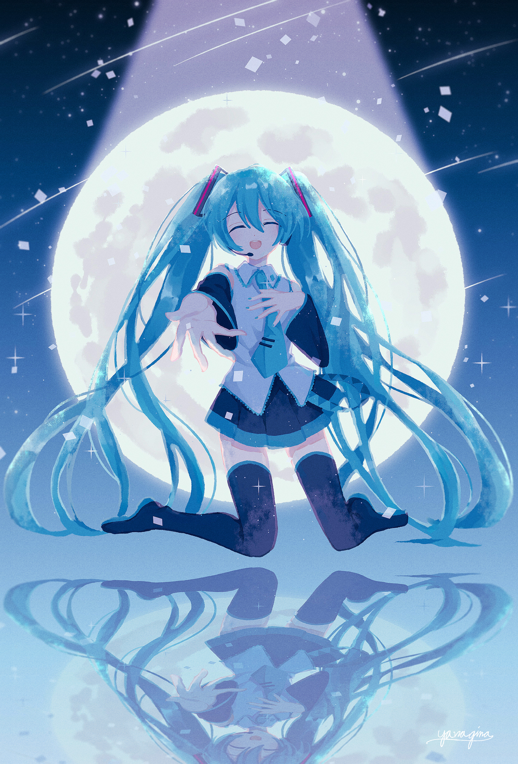 yanagima yu03, hatsune miku, vocaloid, absurdres, highres, 1girl, aqua eyes, aqua hair, aqua nails, detached sleeves, facing viewer, hand on own chest, headset, kneeling, long hair, meteor shower, moon, night, night sky, open mouth, reflection, sky, smile, solo, sparkle, spotlight, very long hair