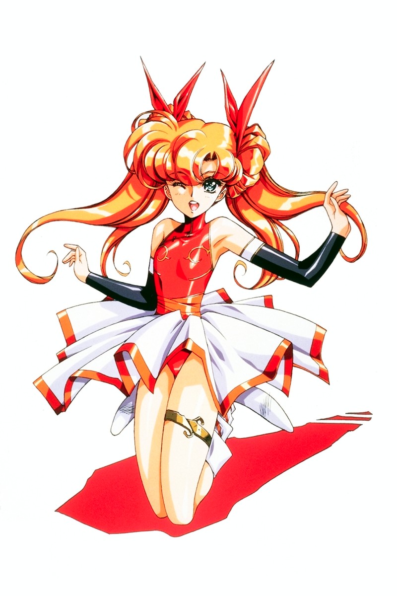 urushihara satoshi, tiaris (langrisser), langrisser, langrisser iii, highres, official art, 1990s (style), 1girl, ;d, armpits, bare shoulders, blue eyes, blush, boots, detached sleeves, donut hair bun, double bun, female focus, flat chest, full body, hair bun, hair ribbon, halterneck, jumping, leotard, long hair, miniskirt, narrow waist, one eye closed, open mouth, orange hair, outstretched arms, parted bangs, pleated skirt, red leotard, retro artstyle, ribbon, sash, shadow, shiny clothes, simple background, skirt, smile, solo, spread arms, thigh strap, turtleneck, twintails, upskirt, white background, wink