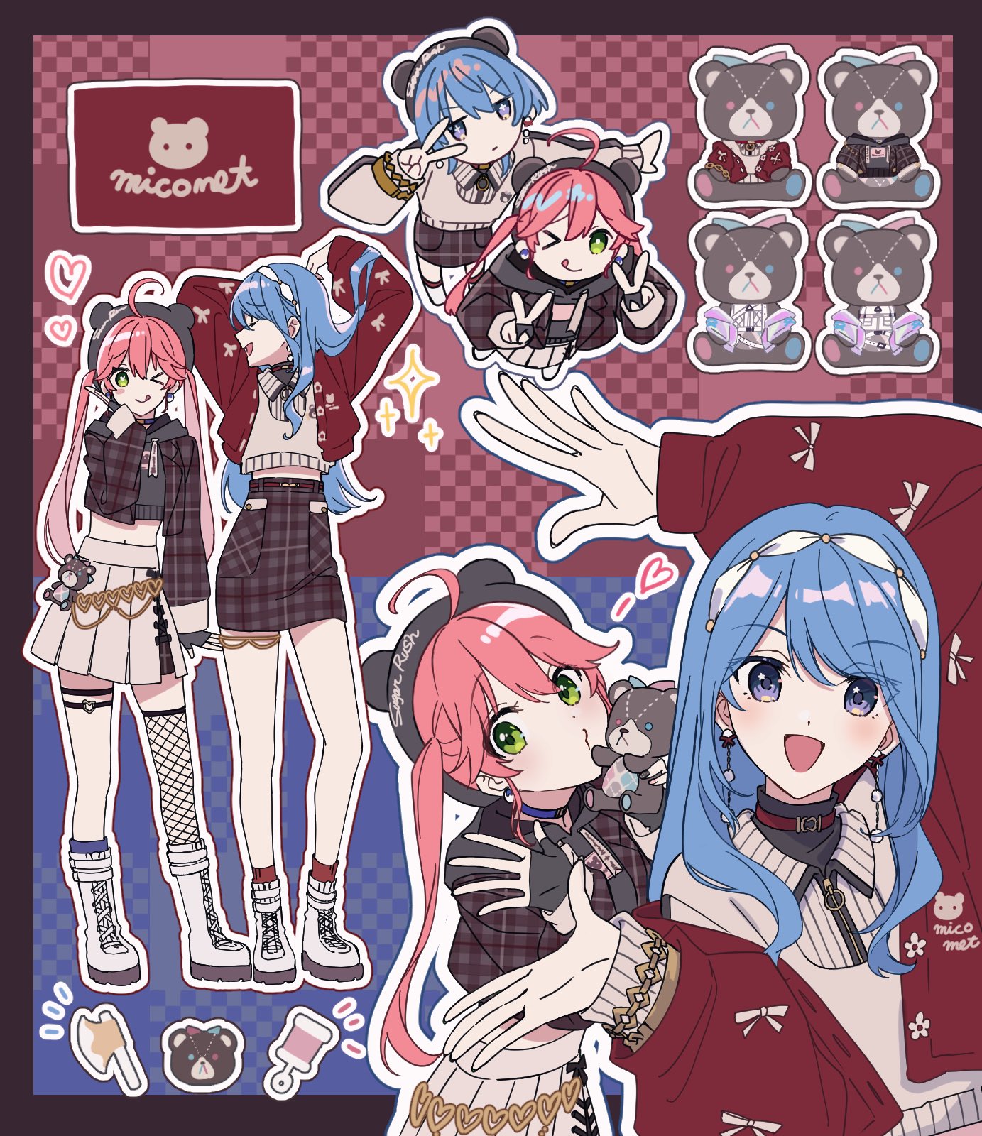 yaya (pi63925174), hoshimachi suisei, hoshimachi suisei (micomet), sakura miko, sakura miko (micomet), hololive, highres, 2girls, ahoge, blue eyes, blue hair, green eyes, long hair, multiple girls, multiple views, official alternate costume, pink hair, twintails, virtual youtuber