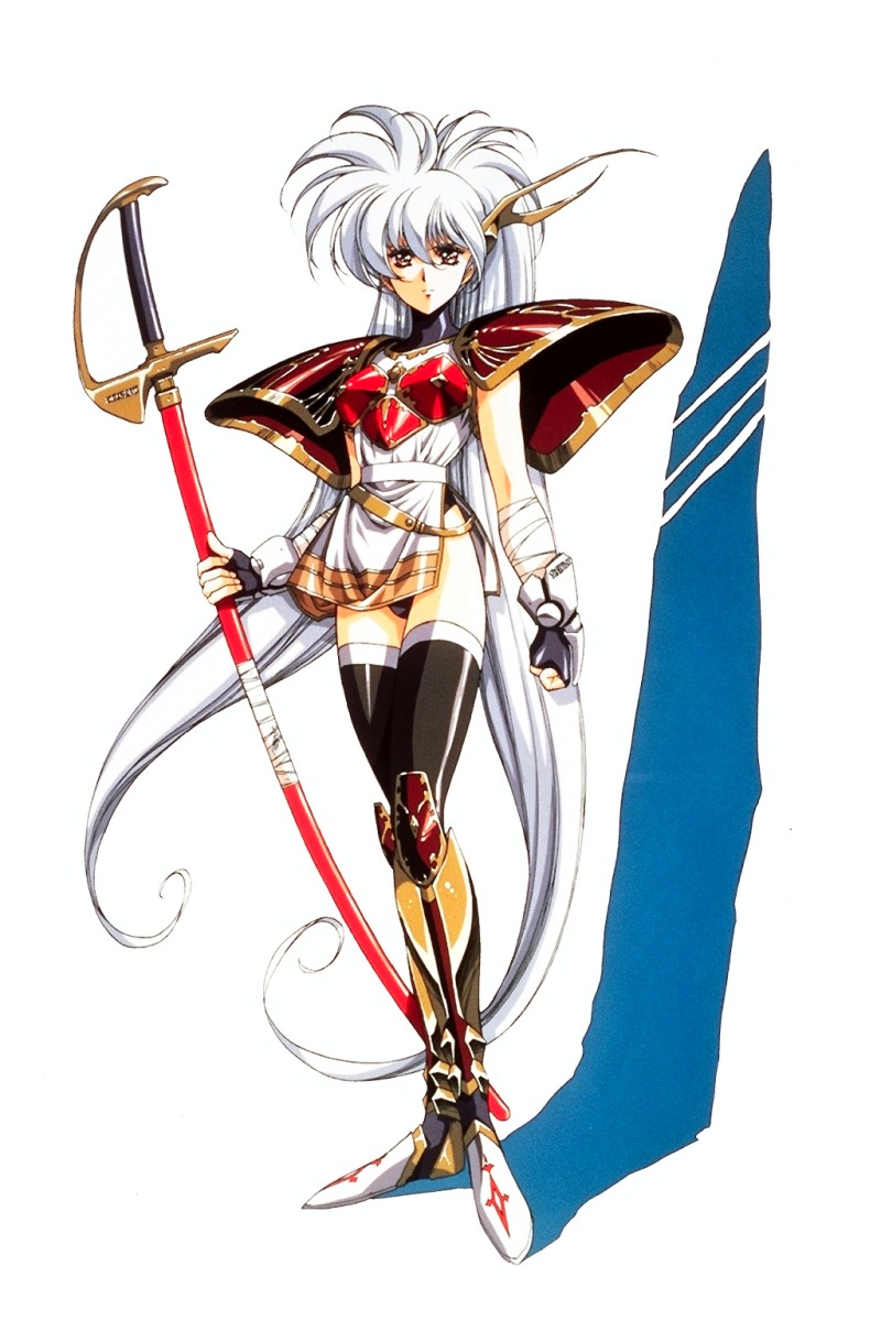 urushihara satoshi, luna (langrisser), langrisser, langrisser iii, highres, official art, 1990s (style), 1girl, armor, bandages, belt, black thighhighs, breastplate, clenched hand, dress, expressionless, fantasy, female focus, fingerless gloves, gloves, greaves, hair between eyes, hair ornament, holding, huge weapon, leotard, long hair, looking at viewer, pauldrons, red eyes, retro artstyle, shadow, sheath, sheathed, short dress, shoulder armor, side slit, simple background, solo, spiked hair, standing, sword, thighhighs, turtleneck, twintails, very long hair, weapon, white background, white hair