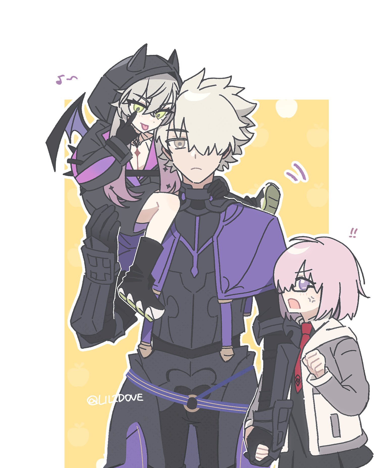 galahad (fate), lilith (fate), lilith (first ascension) (fate), mash kyrielight, fate/grand order, fate (series), highres, 1boy, 2girls, anger vein, armor, bat wings, chest tattoo, glasses, green eyes, grey eyes, hood, hoodie, jacket, lil1dove, multiple girls, necktie, open clothes, open jacket, open mouth, purple eyes, red necktie, tattoo, white hair, wings
