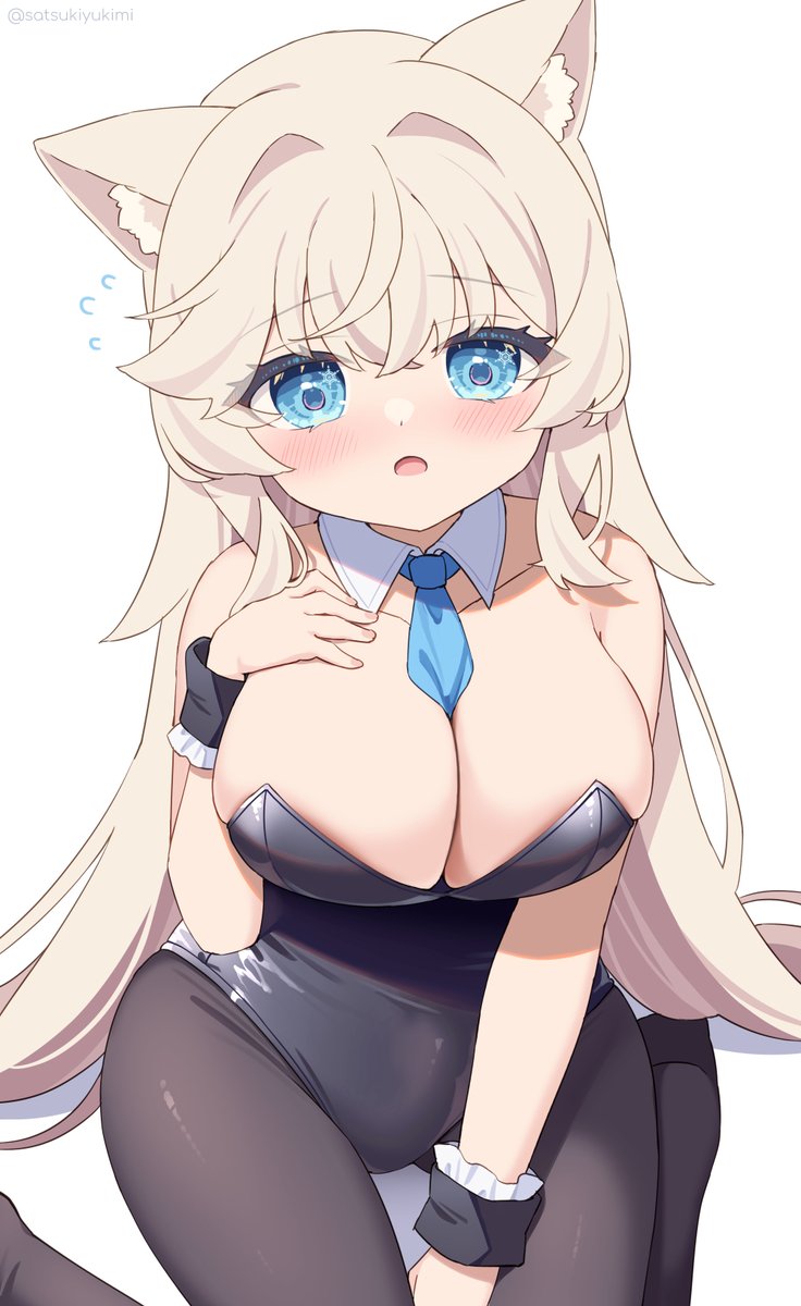satsuki yukimi, original, commentary, highres, 1girl, animal ear fluff, animal ears, bare shoulders, black leotard, black pantyhose, black wrist cuffs, blonde hair, blue eyes, blue necktie, blush, breasts, cat ears, cleavage, collar, collarbone, detached collar, fingernails, hair between eyes, hand on own chest, large breasts, leotard, long hair, looking at viewer, necktie, open mouth, pantyhose, simple background, sitting, solo, strapless, strapless leotard, symbol in eye, very long hair, white background, white collar, wrist cuffs