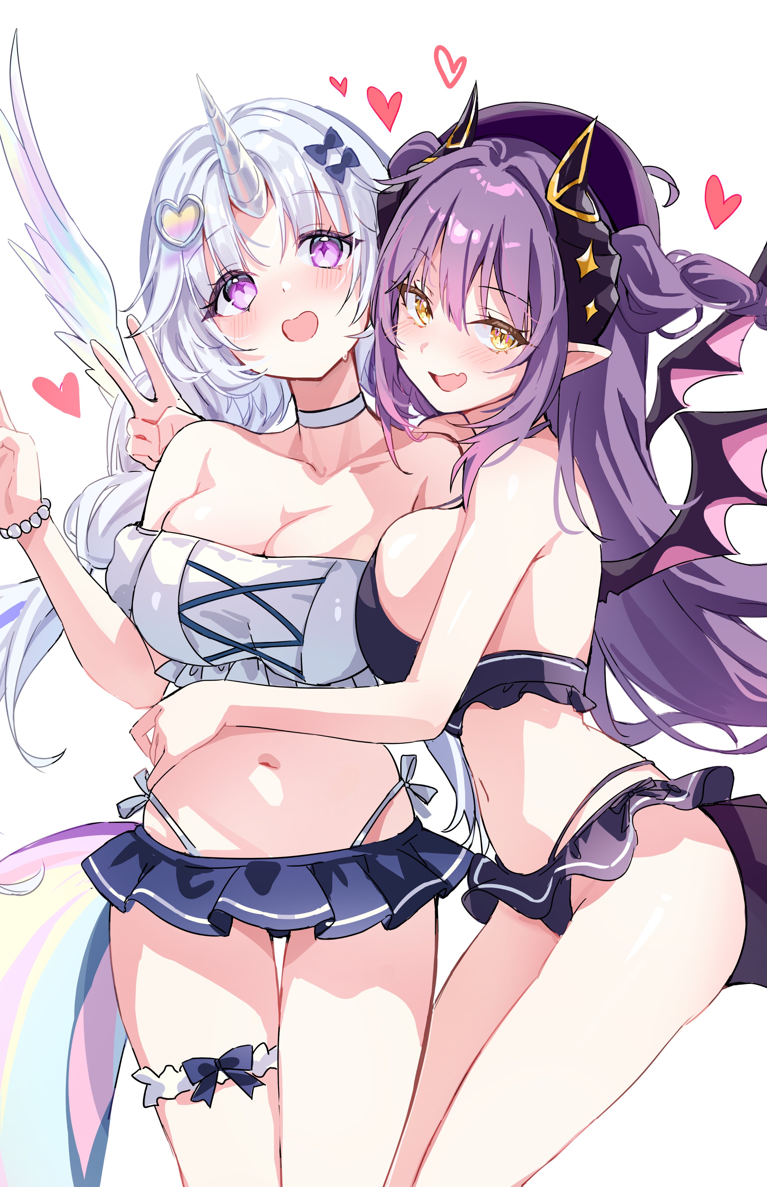 picter, ayatsuno yuni, sakihane huya, stellive, absurdres, commentary, highres, korean commentary, 2girls, bikini, bikini skirt, black bikini, black bow, black horns, blush, bow, breasts, choker, cleavage, collarbone, cowboy shot, fang, frilled bikini, frills, hair bow, hair ornament, hand up, heart, heart hair ornament, horns, hug from side, large breasts, long hair, looking at viewer, microskirt, multiple girls, navel, open mouth, orange eyes, pointy ears, purple eyes, purple hair, side-tie bikini bottom, single horn, skin fang, skirt, smile, standing, star-shaped pupils, star (symbol), stomach, swimsuit, symbol-shaped pupils, tail, thigh bow, thigh strap, unicorn horn, v, virtual youtuber, white background, white bikini, white choker, white horns