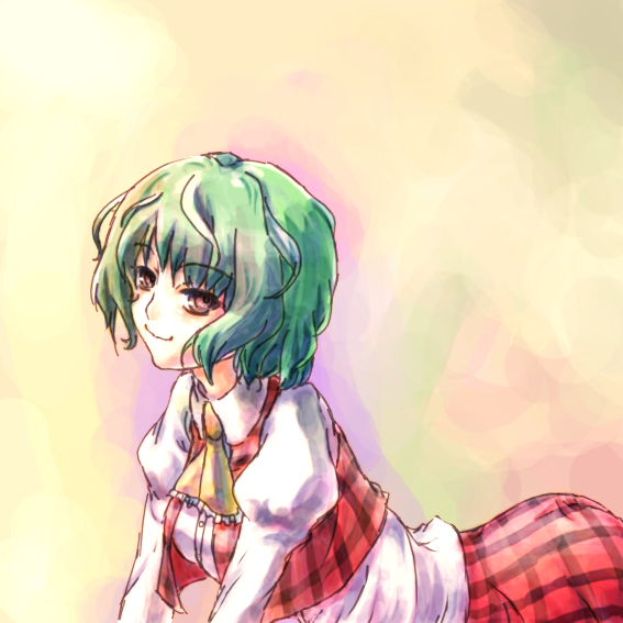 juuka@100neko, kazami yuuka, touhou, 1girl, all fours, ascot, female focus, green hair, looking at viewer, plaid clothes, plaid skirt, plaid vest, short hair, skirt, skirt set, smile, solo, vest