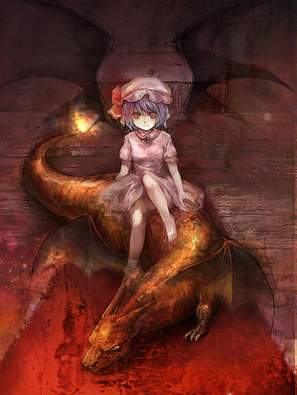 mathnote, charizard, remilia scarlet, nintendo, pokemon, touhou, barefoot, blue hair, bow, crossover, demon wings, dragon, fire, flame-tipped tail, gen 1 pokemon, hat, pokemon (creature), red eyes, tail, wings