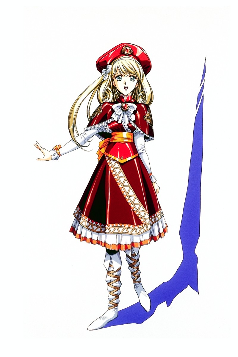 urushihara satoshi, rachel (langrisser), langrisser, langrisser iv, highres, 1990s (style), 1girl, blonde hair, female focus, hat, retro artstyle, solo