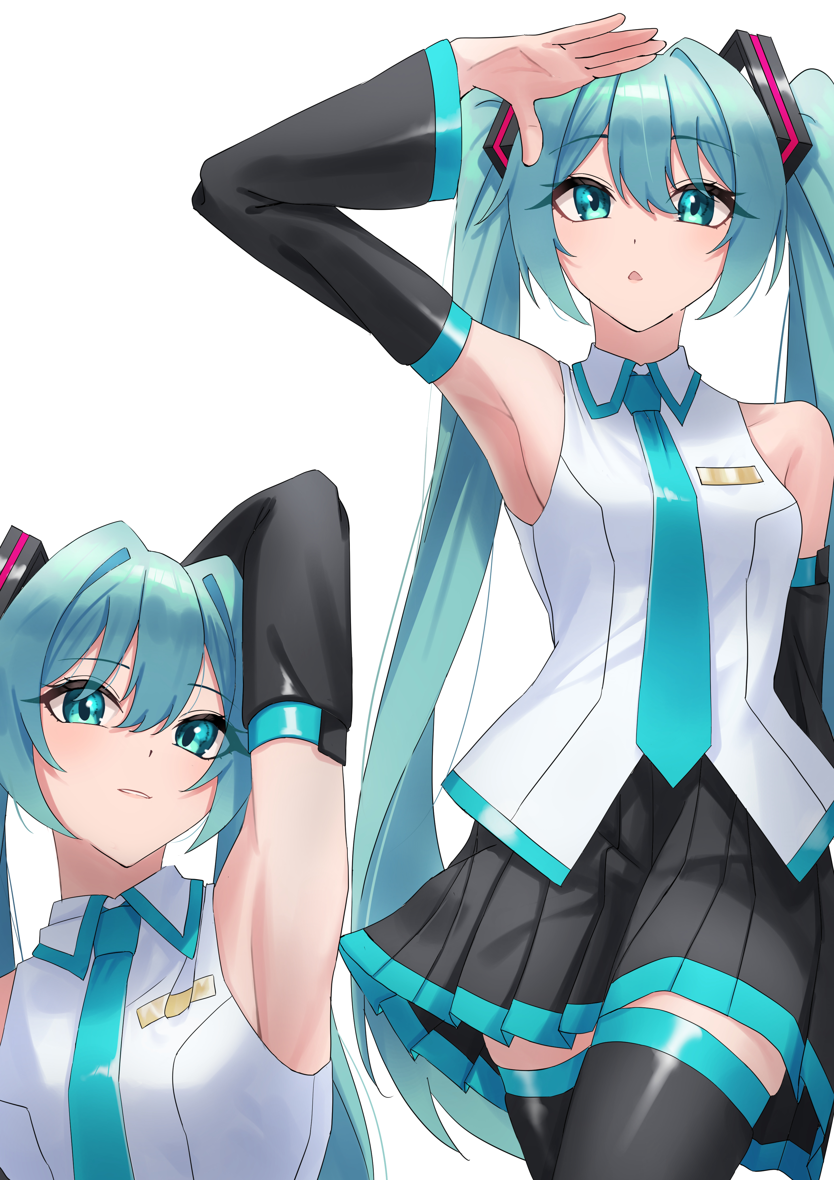amaama (beccyonaika1), hatsune miku, vocaloid, absurdres, highres, 1girl, aqua eyes, aqua hair, aqua necktie, aqua trim, arm up, armpits, black skirt, breasts, collarbone, collared shirt, detached sleeves, hair between eyes, hair ornament, light blush, long hair, long sleeves, looking at viewer, medium breasts, miniskirt, necktie, parted lips, pleated skirt, shirt, simple background, skirt, sleeveless, sleeveless shirt, smile, thighhighs, twintails, very long hair, white background, wide sleeves, zettai ryouiki