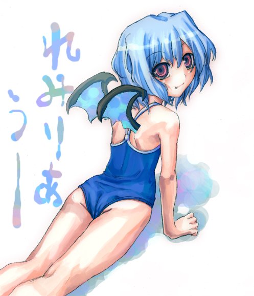 juuka@100neko, remilia scarlet, touhou, silver hair, 1girl, arm support, ass, bare shoulders, female focus, from behind, looking at viewer, one-piece swimsuit, purple eyes, school swimsuit, short hair, solo, swimsuit, thighs