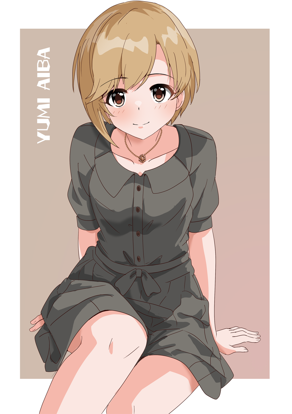 illustscody, aiba yumi, idolmaster, idolmaster cinderella girls, highres, 1girl, arm support, brown eyes, brown hair, character name, closed mouth, collarbone, collared shirt, grey shirt, grey skirt, jewelry, looking at viewer, necklace, shirt, short hair, short sleeves, sitting, skirt, smile, solo