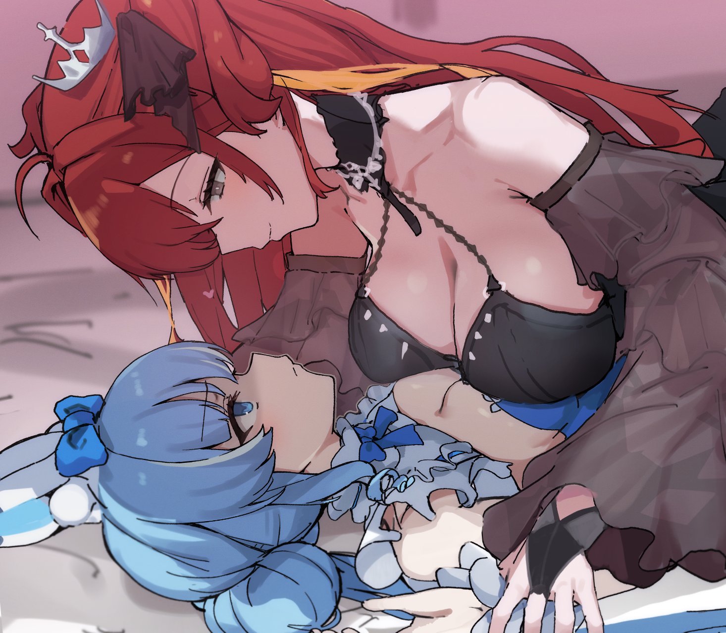 akane lize, arahashi tabi, stellive, commentary request, highres, korean commentary, 2girls, armpit crease, black shirt, blue bow, blue bowtie, blue eyes, blue hair, bow, bowtie, breast press, breasts, cleavage, closed mouth, detached sleeves, eye contact, frills, girl on top, grey eyes, hair bow, large breasts, long hair, long sleeves, looking at another, mimichu, multicolored hair, multiple girls, red hair, shirt, sleeveless, sleeveless shirt, streaked hair, virtual youtuber, yuri