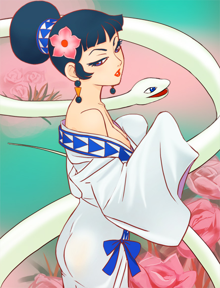 haruyama kazunori, bai-niang, hakujaden, bare shoulders, black hair, breasts, japanese clothes, kimono, nipples, snake