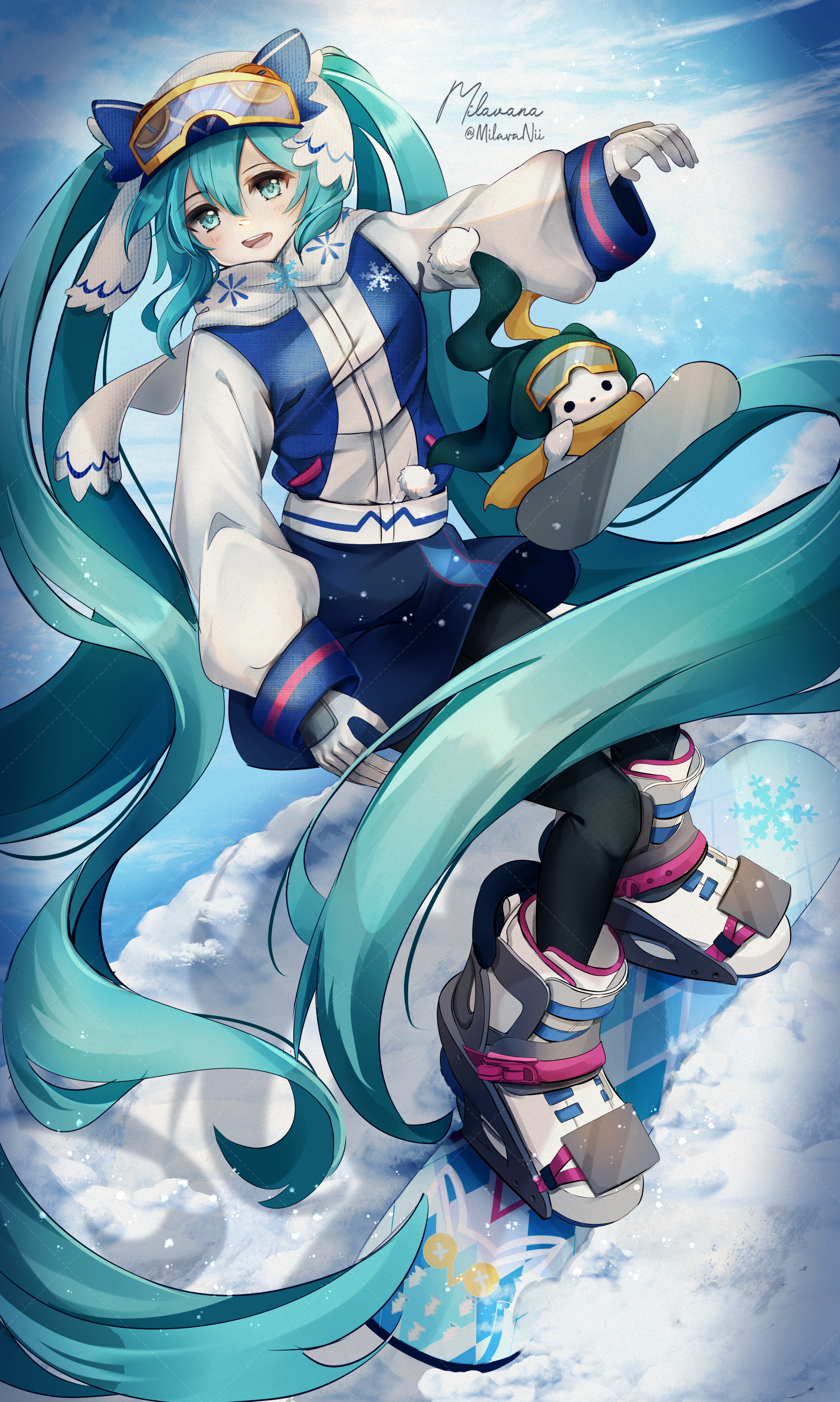 milavana, hatsune miku, rabbit yukine, yuki miku, yuki miku (2016), vocaloid, absurdres, highres, 1girl, 1other, aqua eyes, aqua hair, black pantyhose, blush, boots, goggles, hair between eyes, hair ornament, holding snowboard, long hair, long sleeves, looking at viewer, official alternate costume, official alternate hairstyle, open mouth, owl hat, pantyhose, rabbit, scarf, signature, ski gear, ski goggles, smile, snowboard, snowboarding, snowflake print, twintails, twitter username, very long hair, white boots, winter, yellow scarf