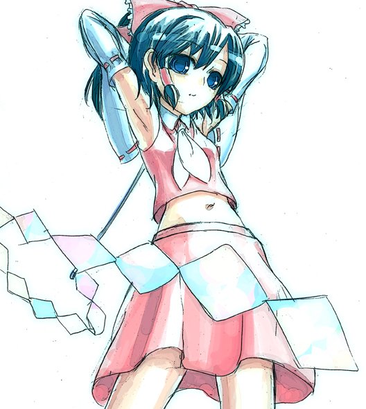 juuka@100neko, hakurei reimu, touhou, jpeg artifacts, 1girl, armpits, arms behind head, blue eyes, bow, detached sleeves, female focus, gohei, hair bow, hair tubes, light smile, midriff, navel, red skirt, ribbon trim, skirt, solo, white background