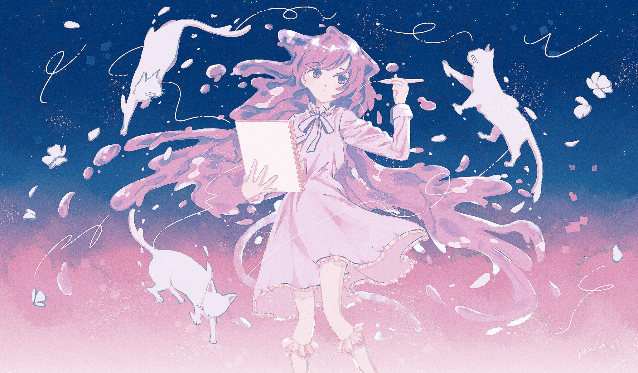 yanagima yu03, original, highres, 1girl, cat, holding, holding pen, long hair, long sleeves, pen, petals, side part, solo, sparkle