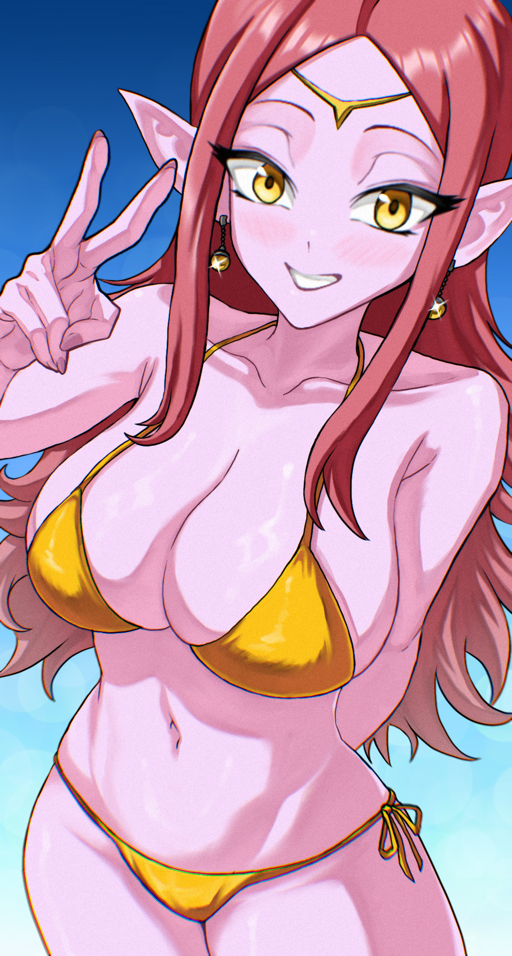 chronoa, dragon ball, dragon ball heroes, highres, 1girl, alternate form, arm behind back, bare shoulders, bikini, blush, breasts, circlet, cleavage, collarbone, colored skin, earrings, gold bikini, grin, jewelry, large breasts, long hair, pink hair, pink skin, pointy ears, potara earrings, side-tie bikini bottom, sidelocks, smile, solo, swimsuit, takundraws, v, very long hair, yellow eyes