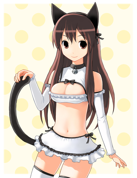 yuugiri (u-slash), original, 1girl, animal ears, bell, breasts, brown eyes, brown hair, cat ears, cat tail, cleavage, cleavage cutout, clothing cutout, collar, detached sleeves, female focus, long hair, midriff, miniskirt, navel, neck bell, skirt, solo, tail, thighhighs