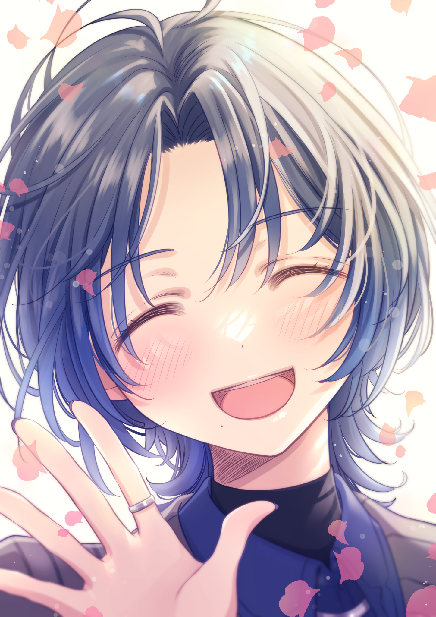 nagasawa rin, hiodoshi ao, hiodoshi ao (1st costume), hololive, commentary request, highres, 1girl, black jacket, blue hair, blue shirt, blush, closed eyes, collared shirt, facing viewer, jacket, jewelry, open mouth, petals, portrait, ring, shirt, short hair, simple background, smile, solo, upper body, virtual youtuber, waving, white background