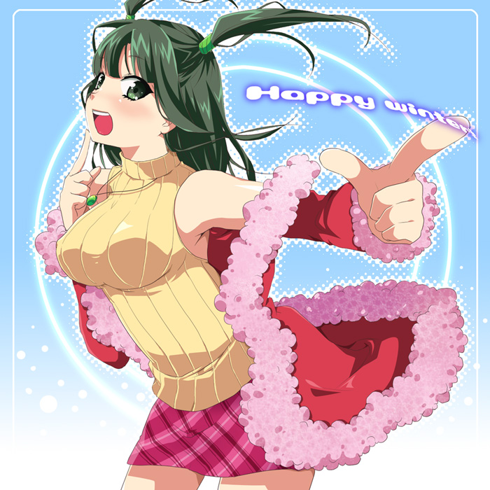 futaba 841, tsurara (pop'n music), bemani, pop'n music, plaid, bad id, bad pixiv id, 1girl, bare shoulders, blush, breasts, cardigan, coat, english text, female focus, green eyes, green hair, hair tie, jewelry, large breasts, long hair, matching hair/eyes, necklace, off shoulder, short twintails, skirt, sleeveless, sleeveless turtleneck, smile, solo, sweater, turtleneck, twintails