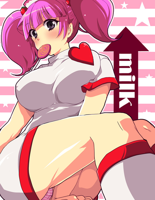 futaba 841, milk (pop'n music), bemani, pop'n music, clip, bad id, bad pixiv id, blush, boots, breasts, candy, food, grey eyes, hair tie, hat, heart, large breasts, lollipop, mouth hold, nurse, panties, pantyshot, pink hair, sitting, solo, star (symbol), striped clothes, striped panties, swirl lollipop, twintails, underwear, white hat